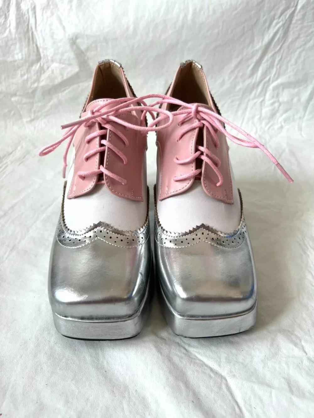 Platform shoes brogue wingtip 39 pink white silver faux leather lace up square